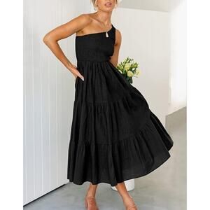 Kirundo One Shoulder Midi Tiered Dress Women Size L Classic Black Smocked Ruffle